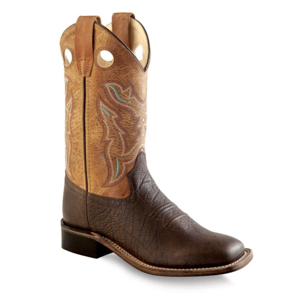 Old West Bsc1819 Brown Leather Pull On Square Toe Western Boots Kids size 1